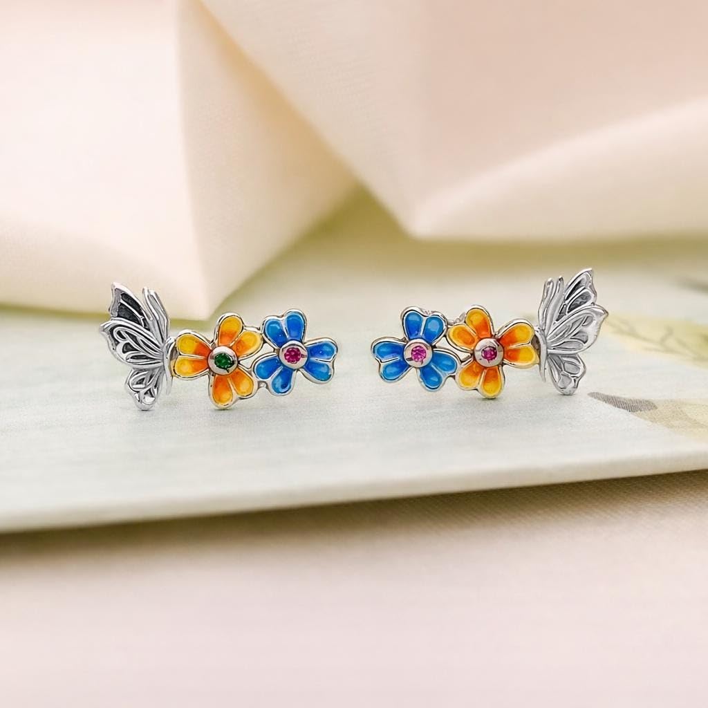 AMONROO® 925 Silver Jewellery for Women - 925 Sterling Silver Butterfly Flower Enamel Stud Earrings, Colourful Floral Jewellery | 925 Stamp, Warranty & Authenticity Certificate