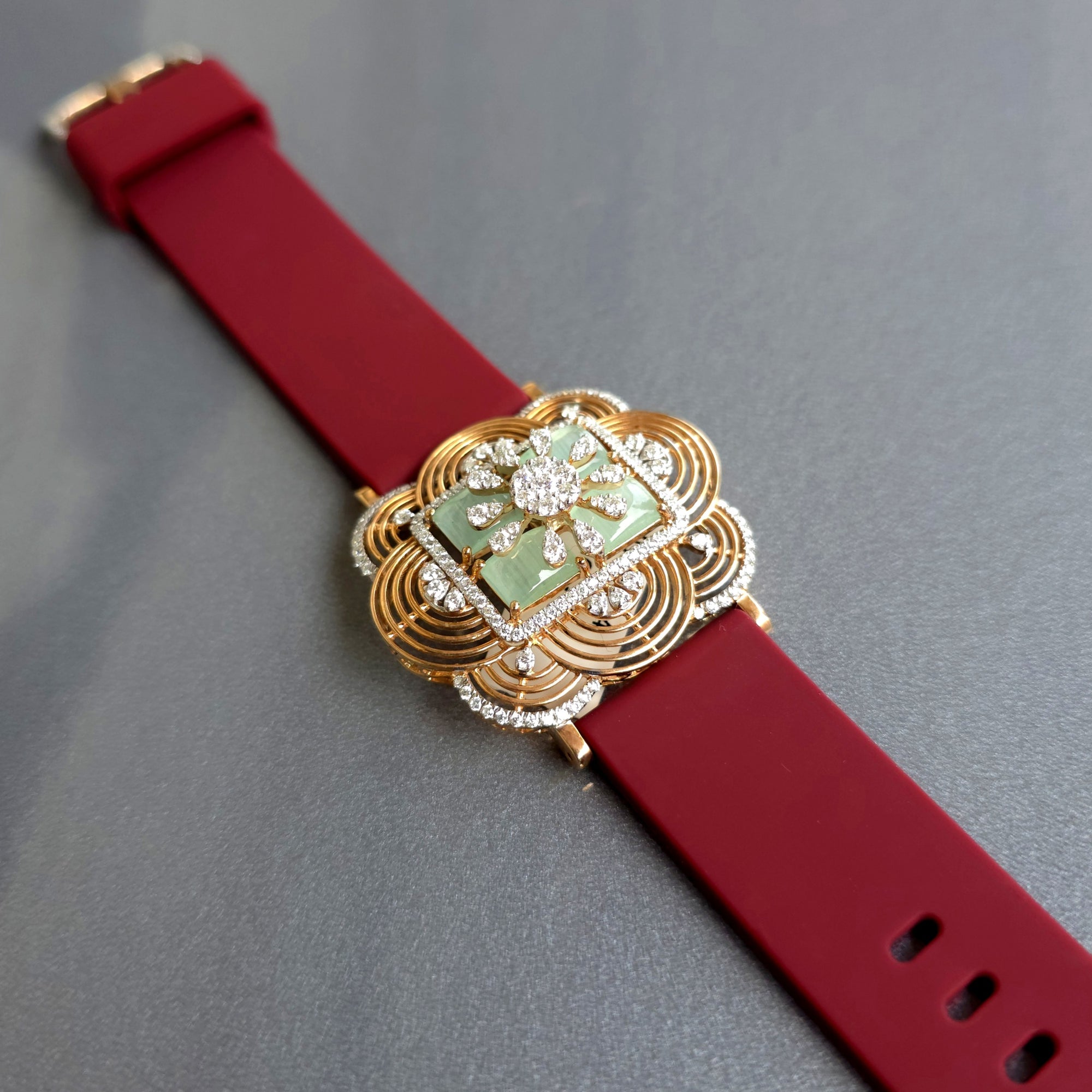 Handcrafted Floral Design In 925 Sterling Silver Bracelet, Real White Moissanites & Green Jade Watch Bracelet, Unique Women's Bracelet