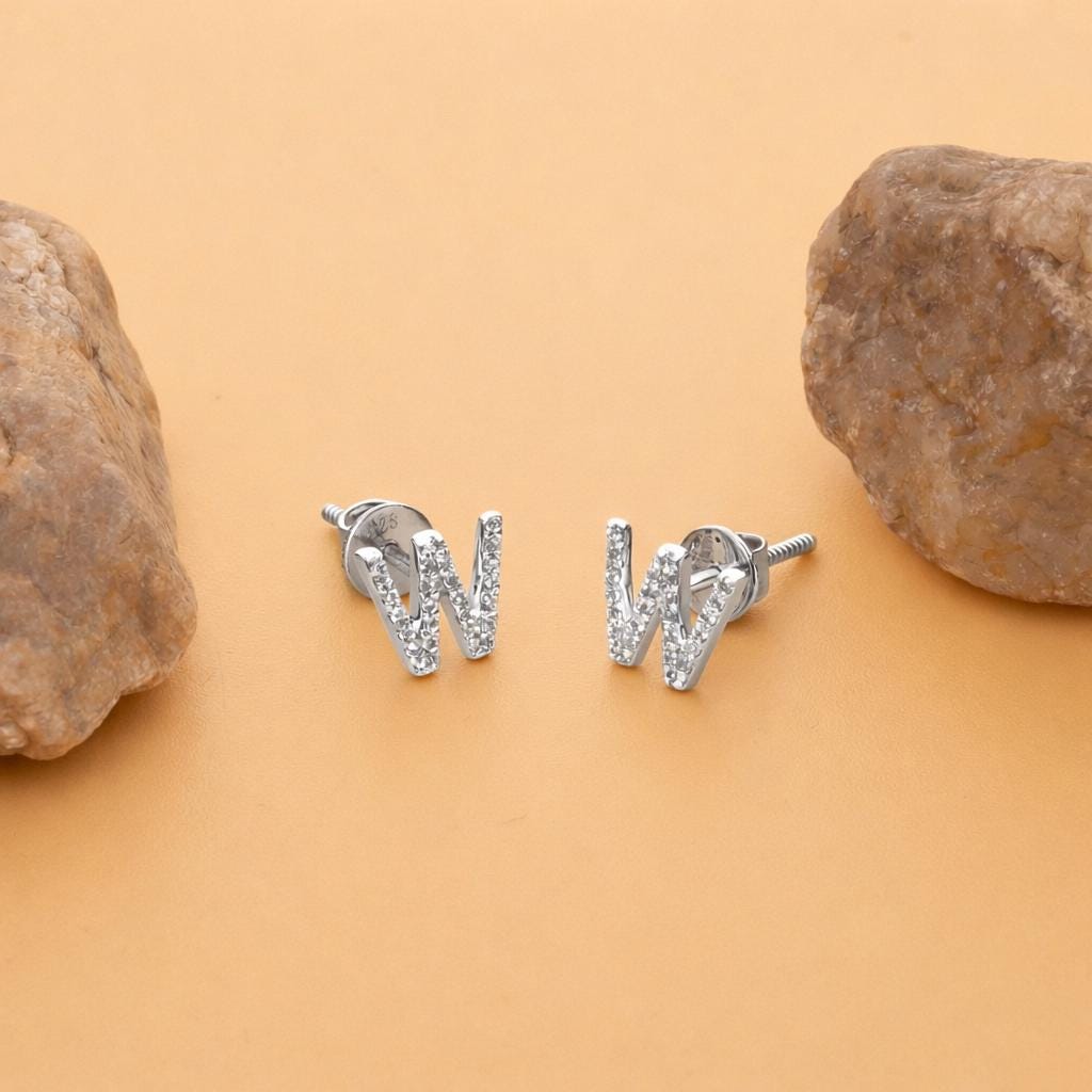 Sterling Silver W Initial Stud Earrings, CZ Dainty Alphabet Monogram Jewelry