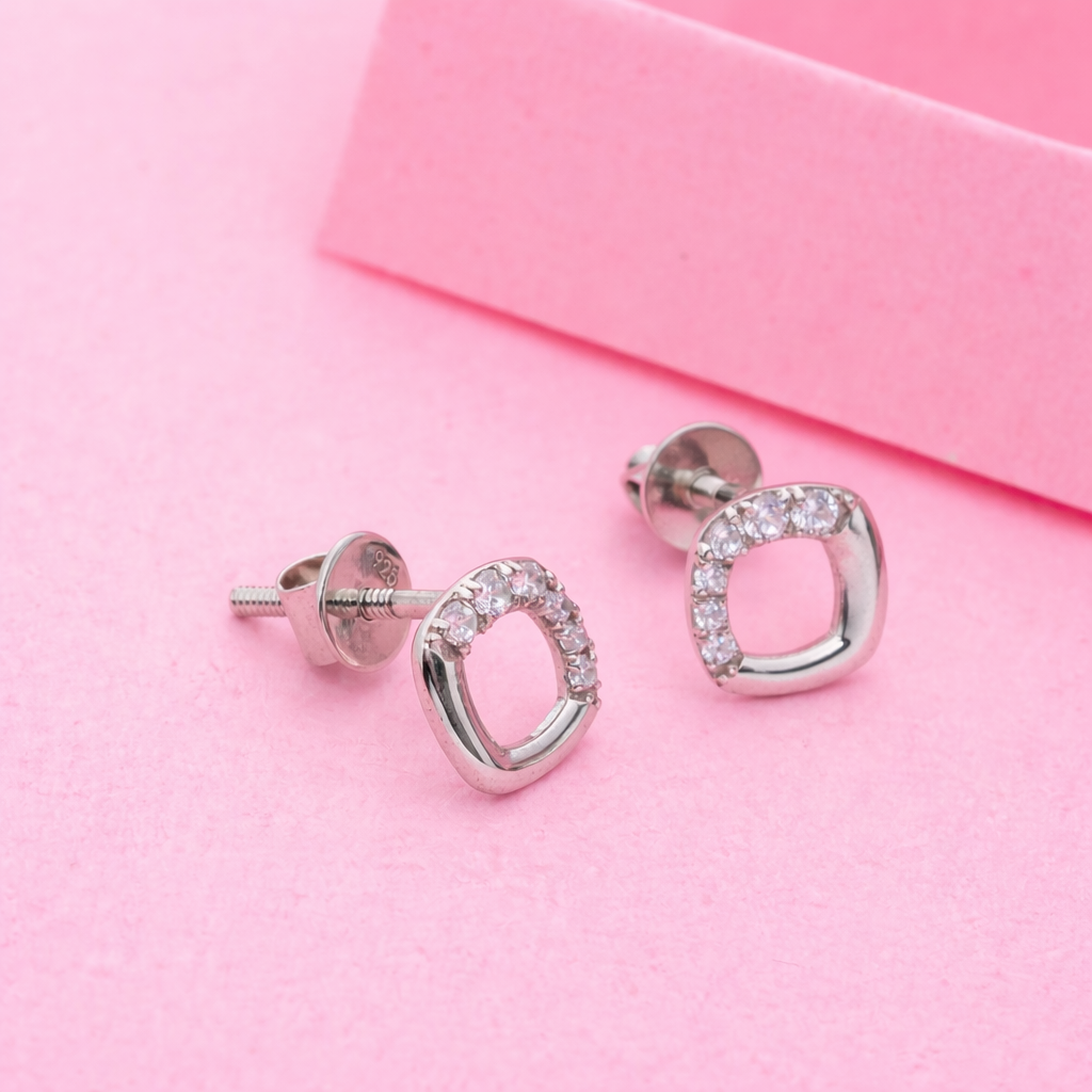 925 Sterling Silver Square CZ Stud Earrings Minimalist Dainty Style