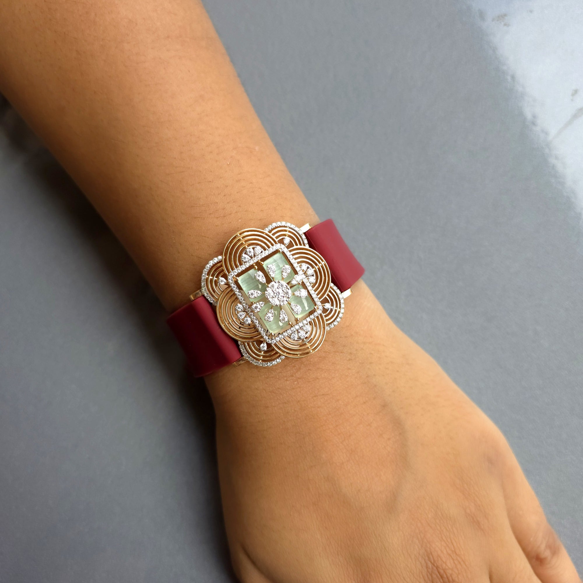 Handcrafted Floral Design In 925 Sterling Silver Bracelet, Real White Moissanites & Green Jade Watch Bracelet, Unique Women's Bracelet