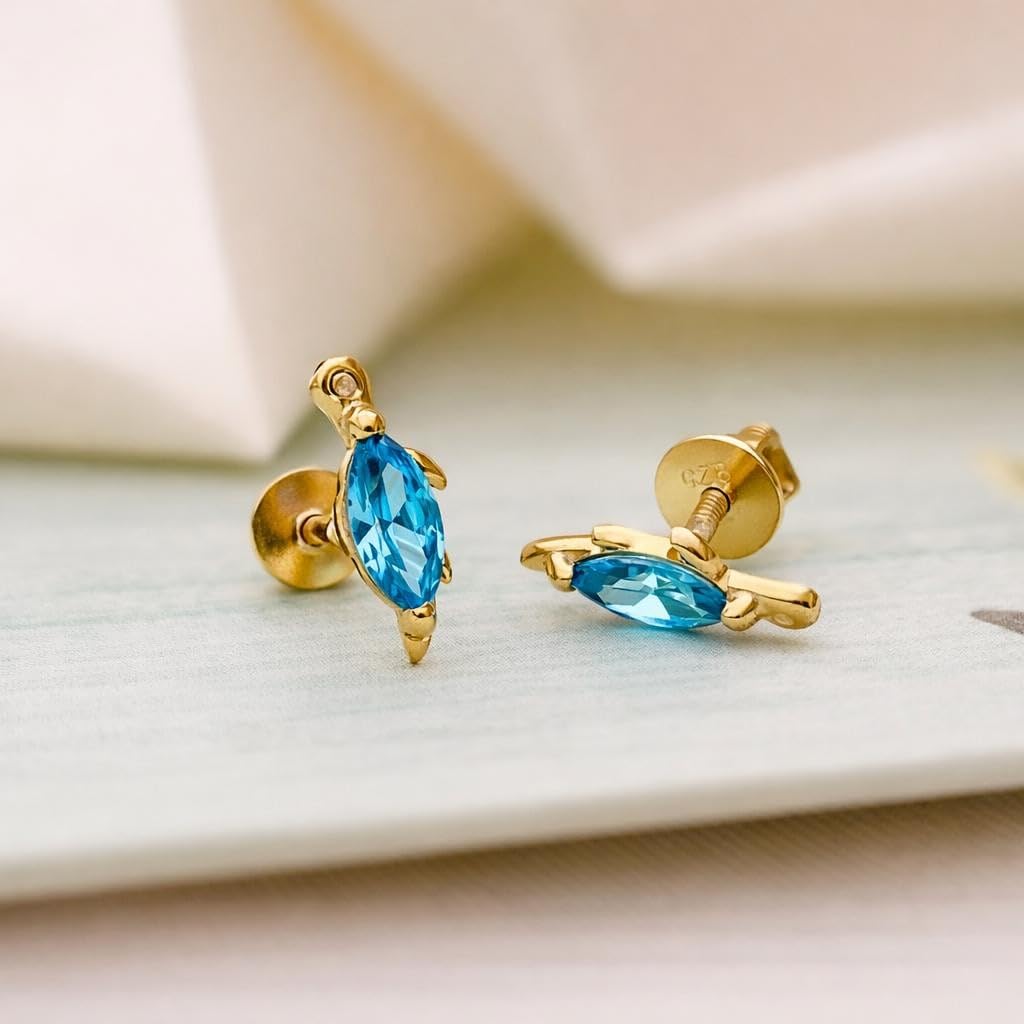 AMONROO® 925 Silver Jewellery for Women - Gold Finish 925 Sterling Silver Sea Turtle Blue CZ Stud Earrings, Ocean Jewellery Gift | 925 Stamp, Warranty & Authenticity Certificate