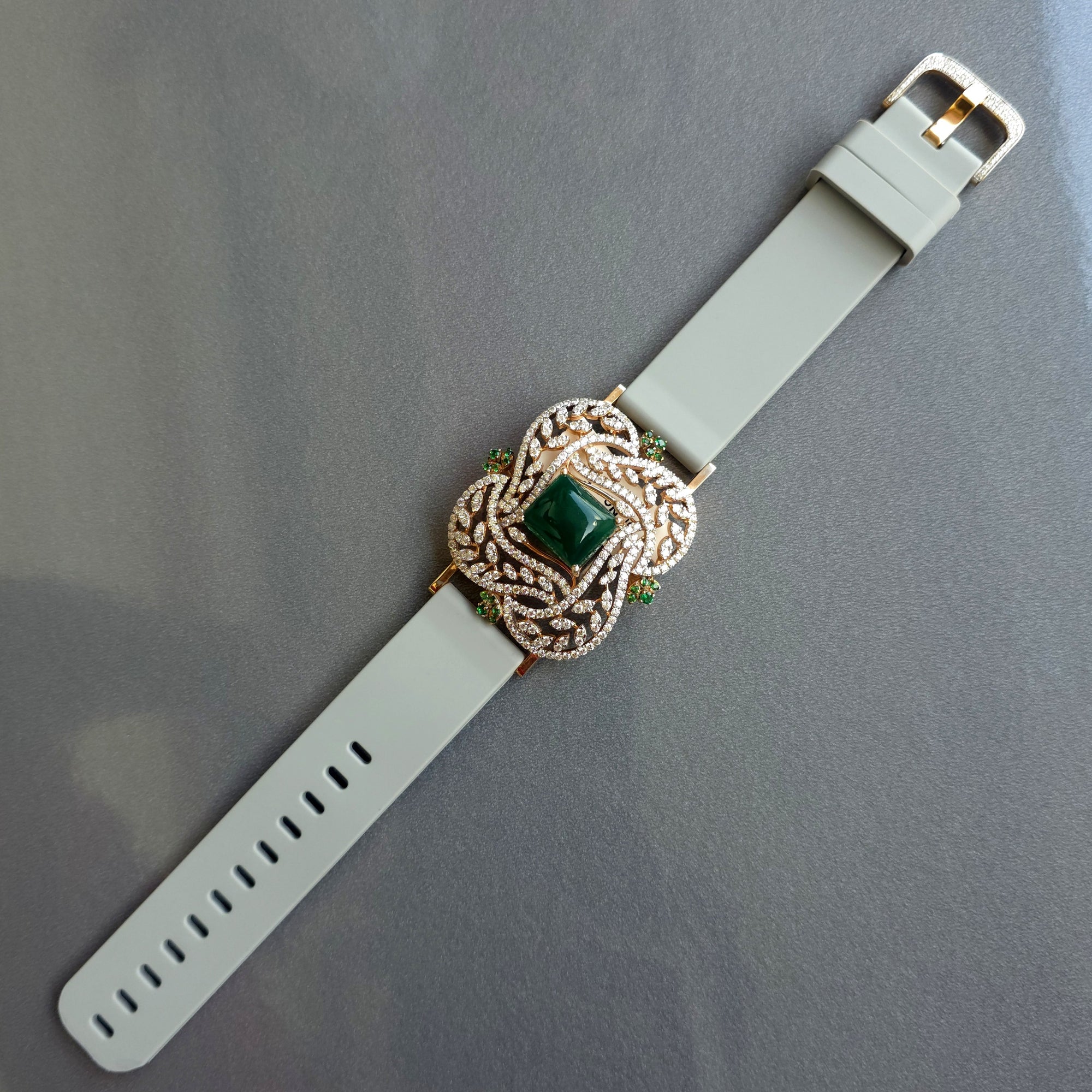 Floral & Petals Design In 925 Sterling Silver Bracelet, Green Cabochon Emerald And White Moissanites Watch Bracelet, Unique Women Bracelet