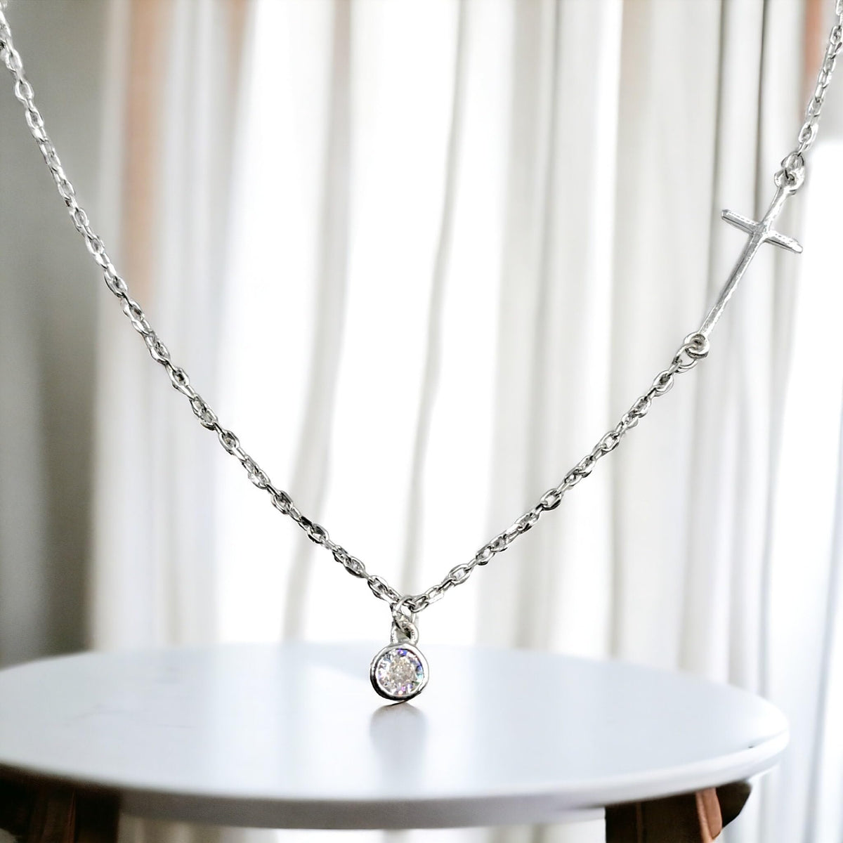 Solitaire Necklace Pendant set with Cross on Side Delicate Stylish Handmade Gift