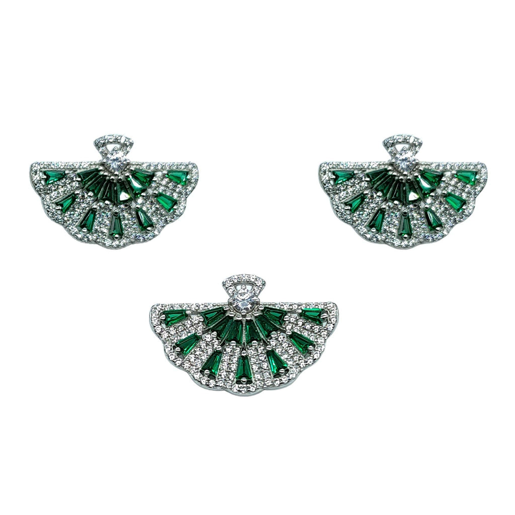 925 Silver Green Emerald CZ Half Circle Floral Pendant Earrings Set