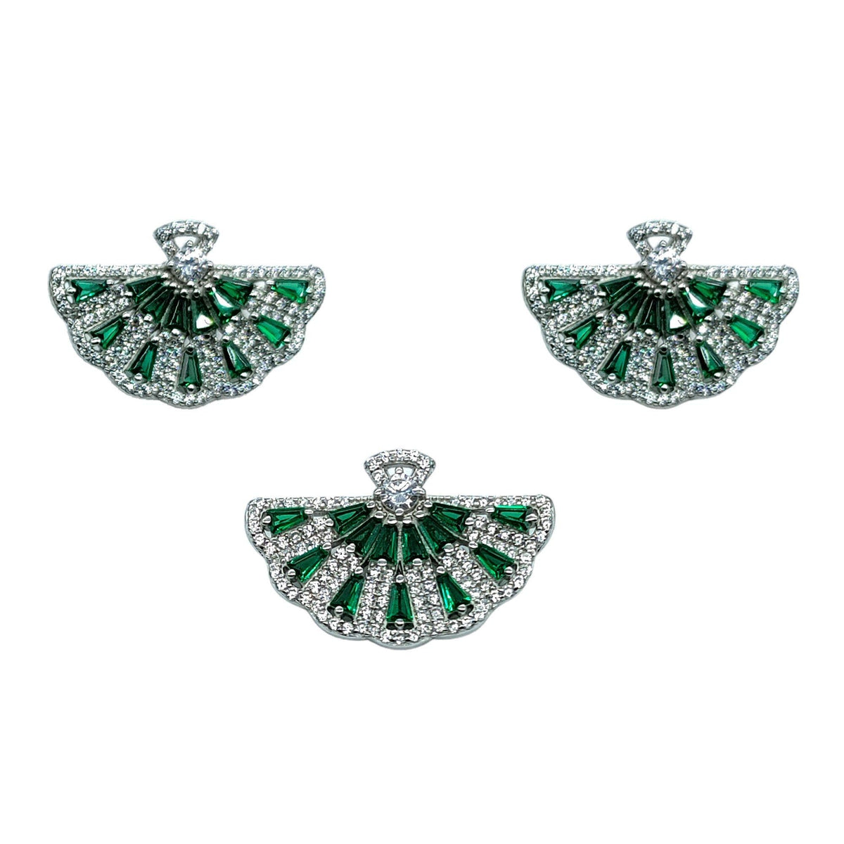 925 Silver Green Emerald CZ Half Circle Floral Pendant Earrings Set