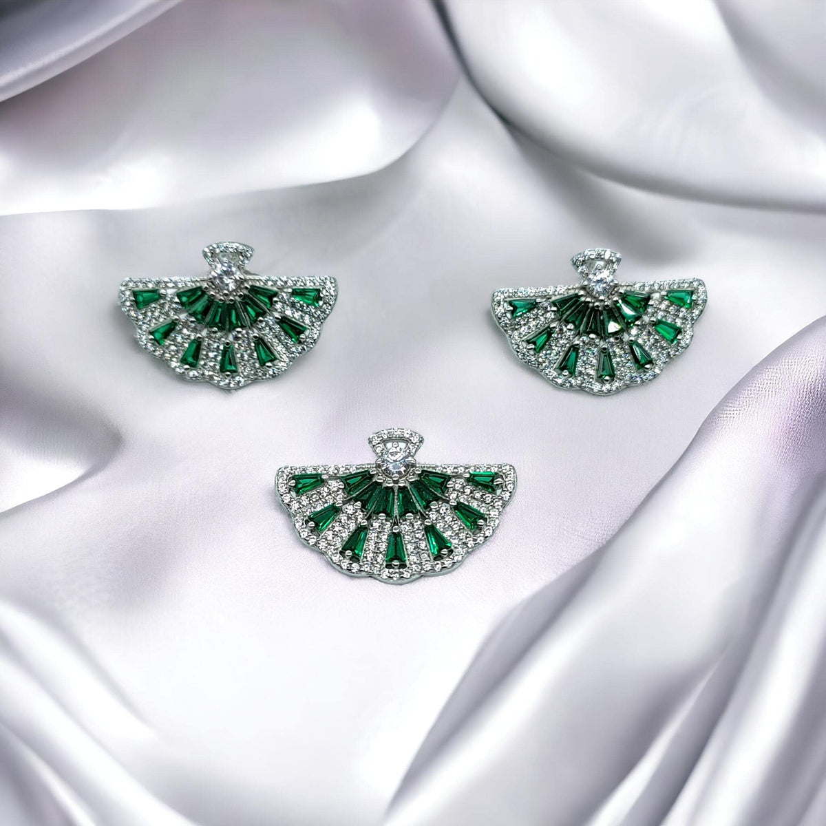 925 Silver Green Emerald CZ Half Circle Floral Pendant Earrings Set