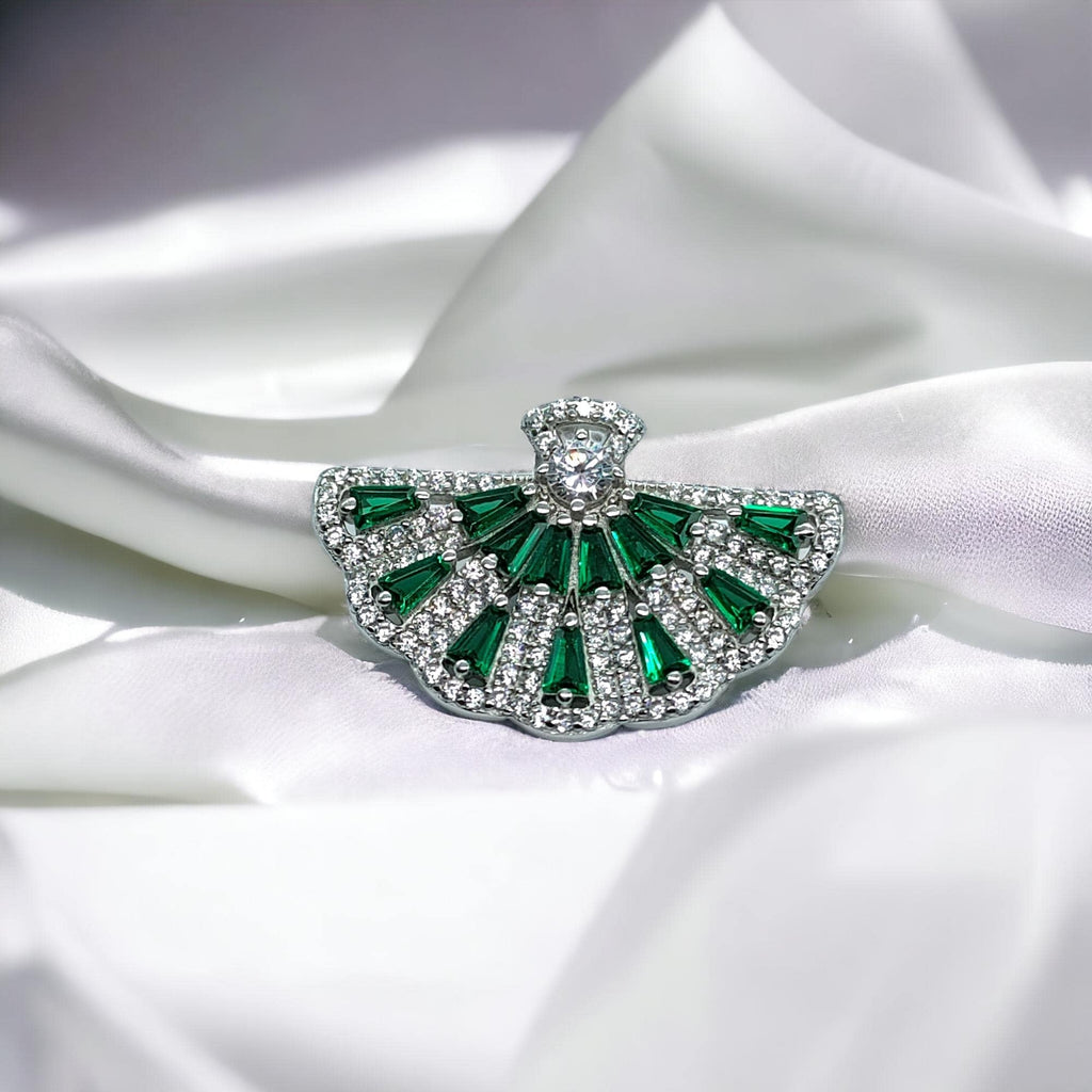 925 Silver Green Emerald CZ Half Circle Floral Pendant Earrings Set