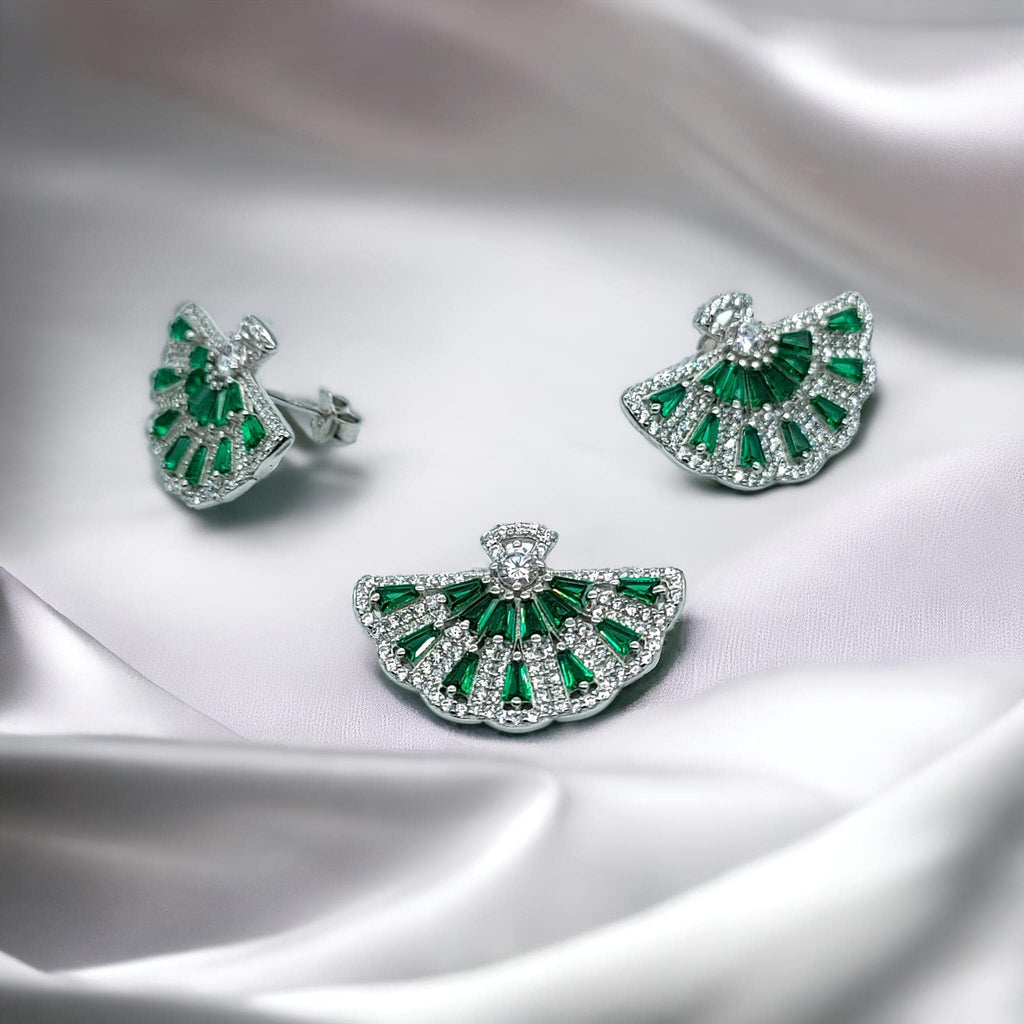 925 Silver Green Emerald CZ Half Circle Floral Pendant Earrings Set