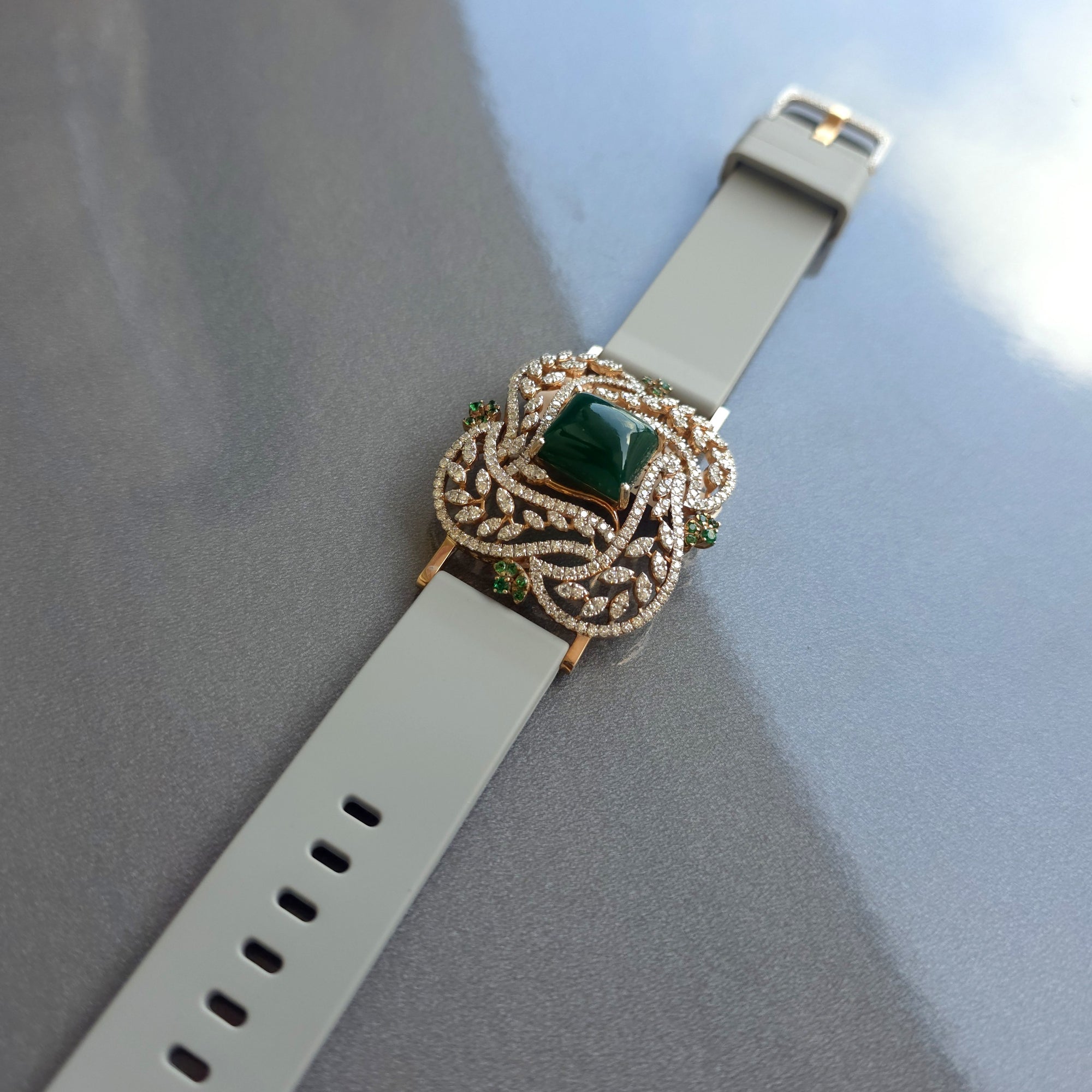 Floral & Petals Design In 925 Sterling Silver Bracelet, Green Cabochon Emerald And White Moissanites Watch Bracelet, Unique Women Bracelet