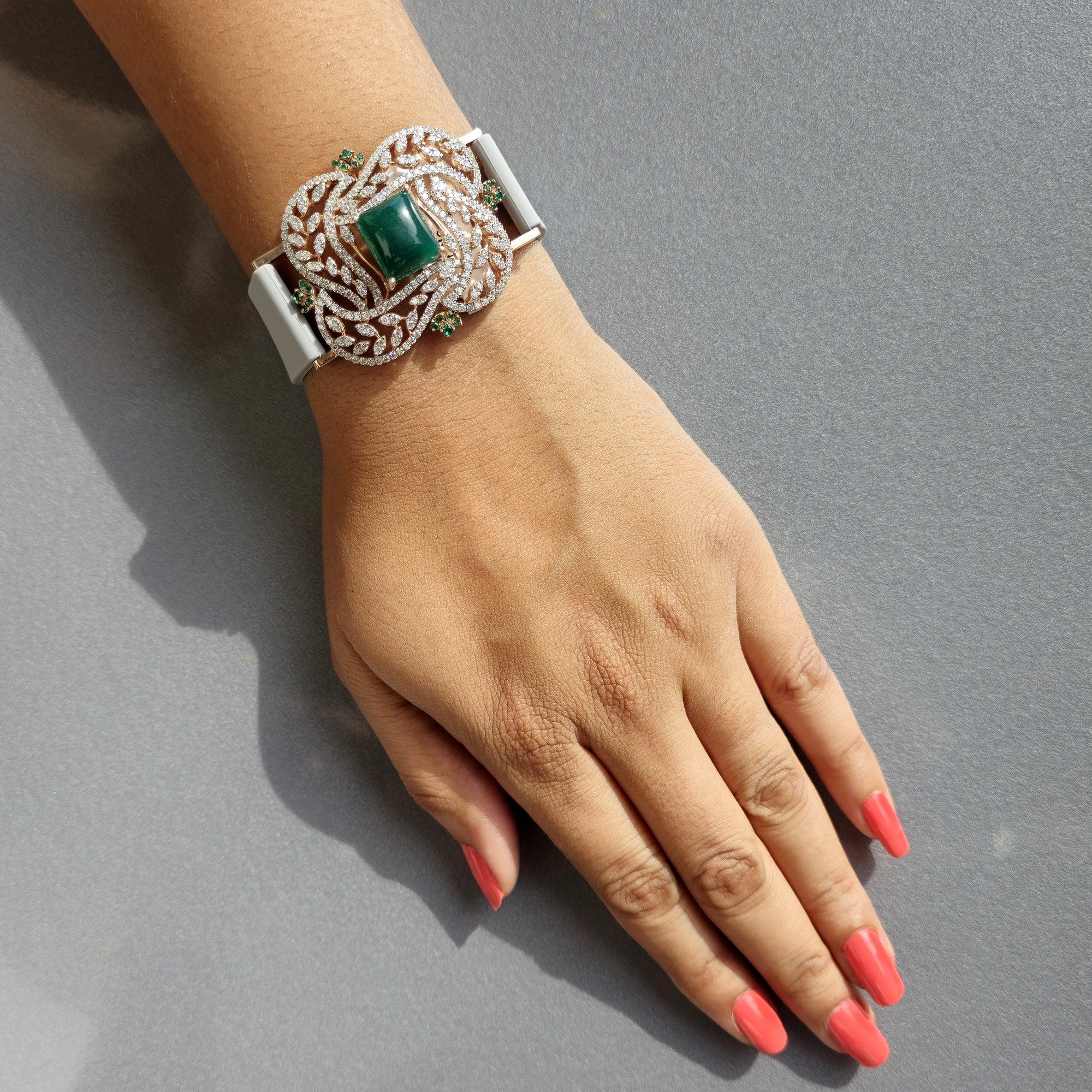 Floral & Petals Design In 925 Sterling Silver Bracelet, Green Cabochon Emerald And White Moissanites Watch Bracelet, Unique Women Bracelet