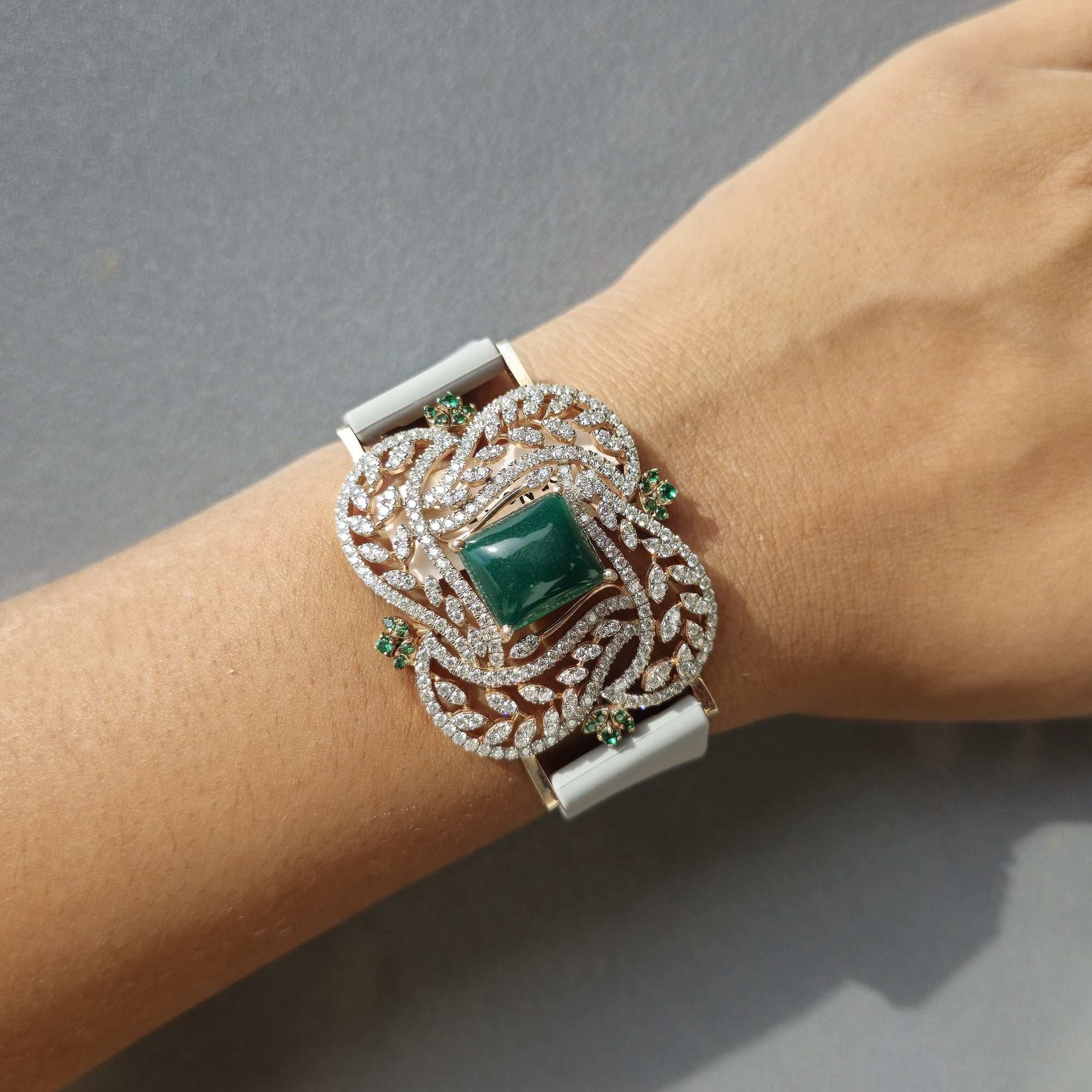 Floral & Petals Design In 925 Sterling Silver Bracelet, Green Cabochon Emerald And White Moissanites Watch Bracelet, Unique Women Bracelet