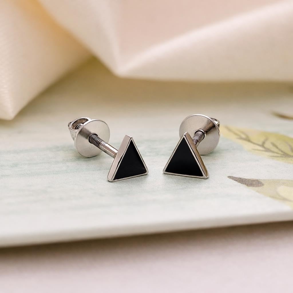 AMONROO® 925 Silver Jewellery for Women - 925 Sterling Silver Black Triangle Enamel Stud Earrings, Geometric Minimalist Jewellery | 925 Stamp, Warranty & Authenticity Certificate
