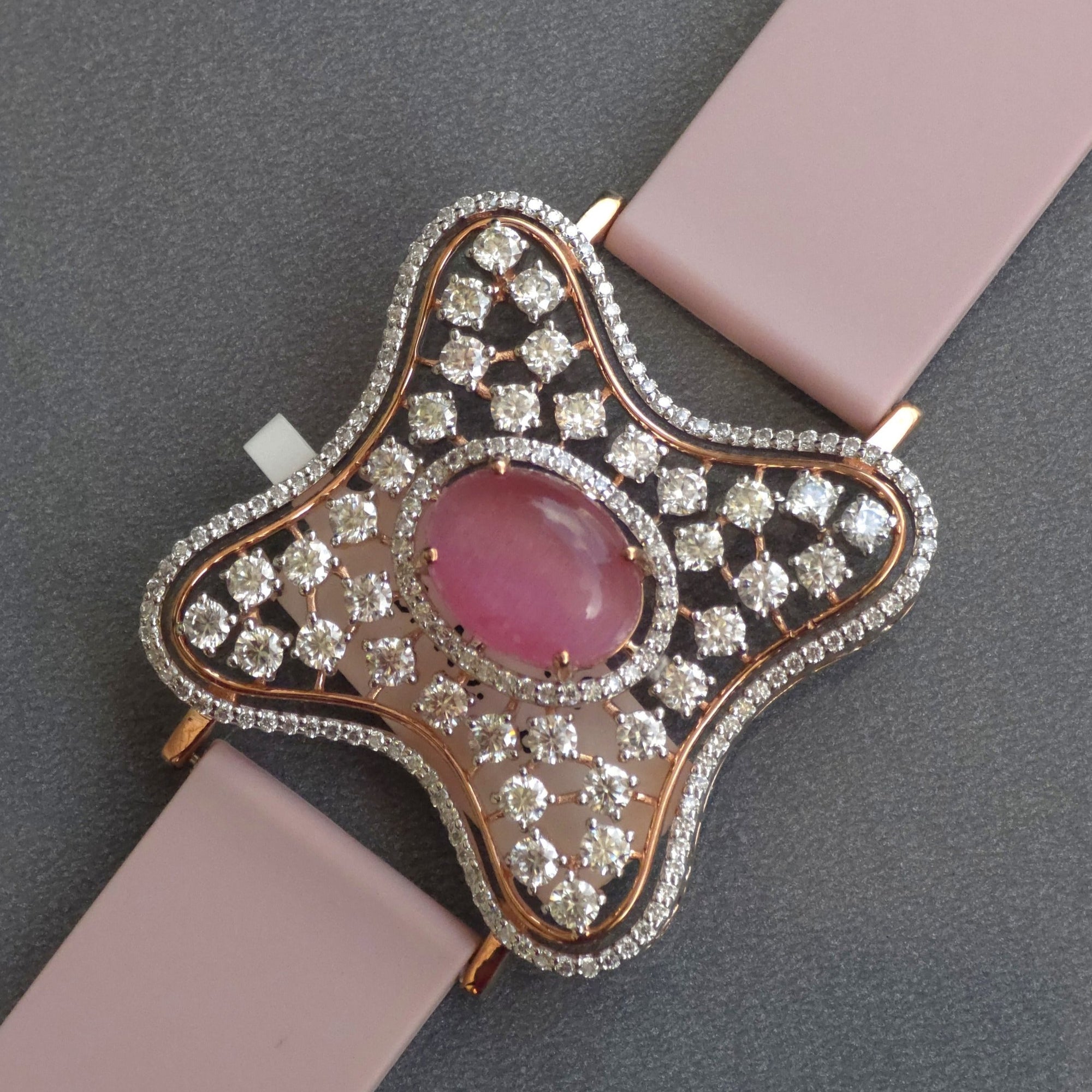 Curved Square Face Design In 925 Sterling Silver Bracelet, Pink Cabochon Jade And White Moissanites Watch Bracelet, Unique Woman Bracelet