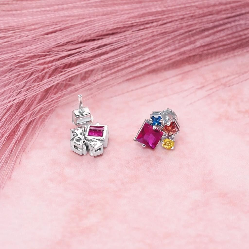 AMONROO® 925 Silver Jewellery for Women - 925 Sterling Silver Multicolour CZ Stud Earrings, Colourful Gemstone Earrings | 925 Stamp, Warranty & Authenticity Certificate