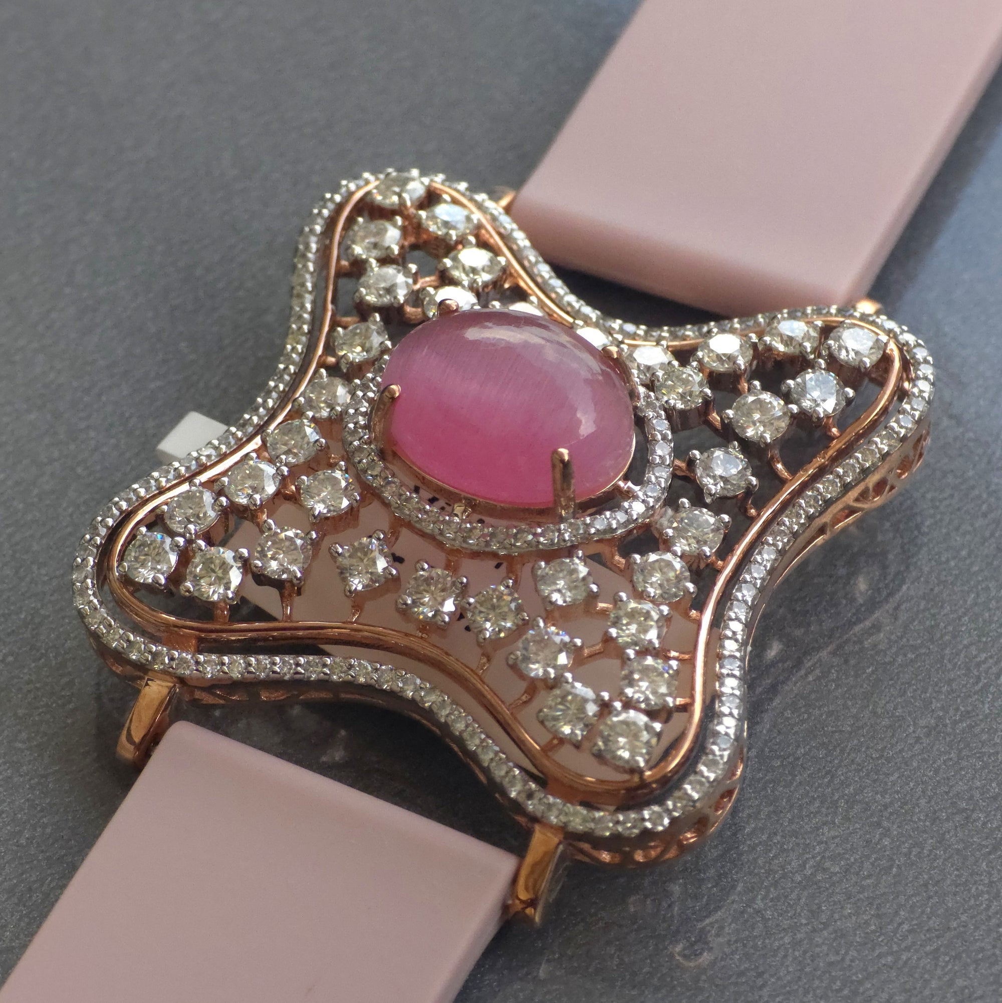 Curved Square Face Design In 925 Sterling Silver Bracelet, Pink Cabochon Jade And White Moissanites Watch Bracelet, Unique Woman Bracelet