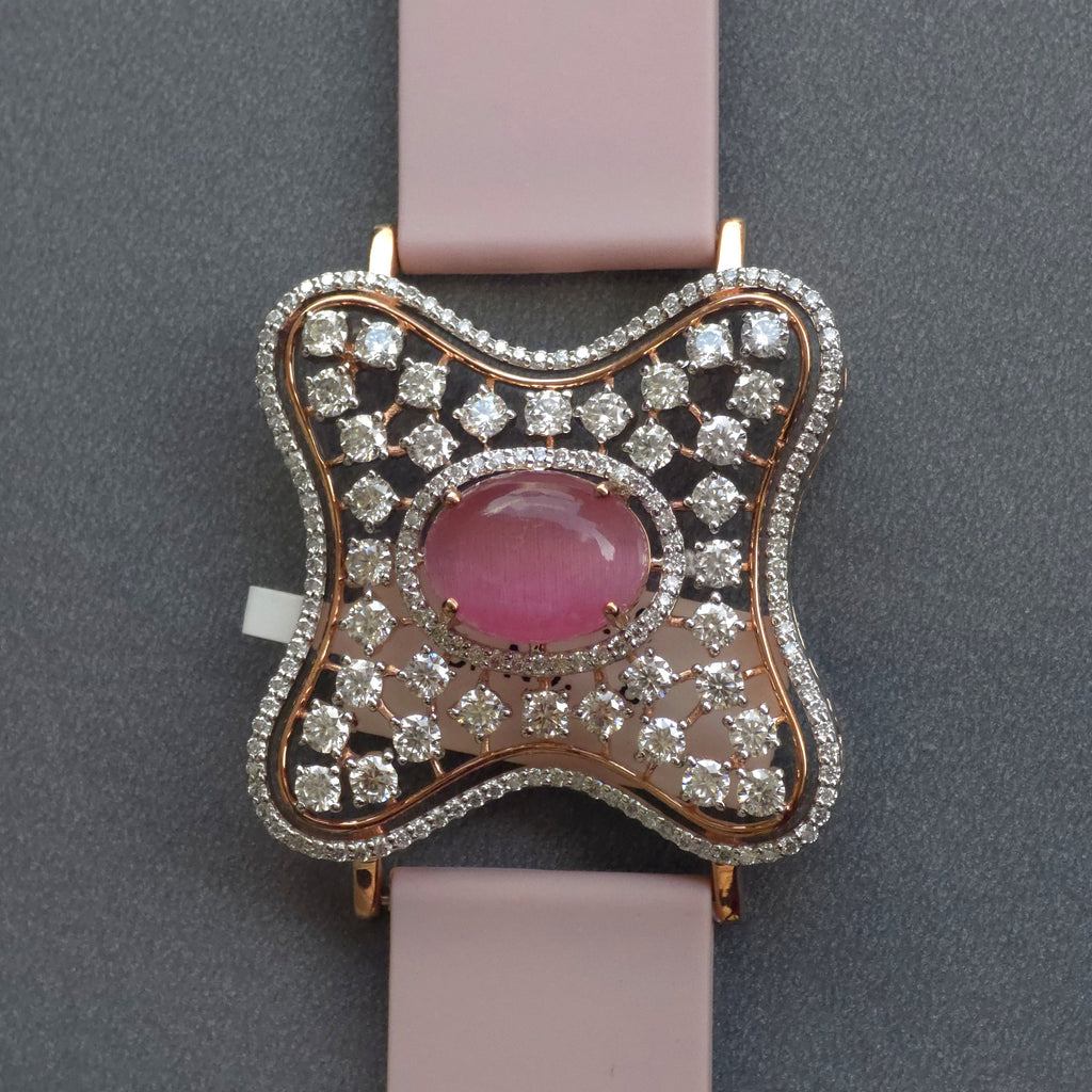Curved Square Face Design In 925 Sterling Silver Bracelet, Pink Cabochon Jade And White Moissanites Watch Bracelet, Unique Woman Bracelet