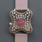 Curved Square Face Design In 925 Sterling Silver Bracelet, Pink Cabochon Jade And White Moissanites Watch Bracelet, Unique Woman Bracelet