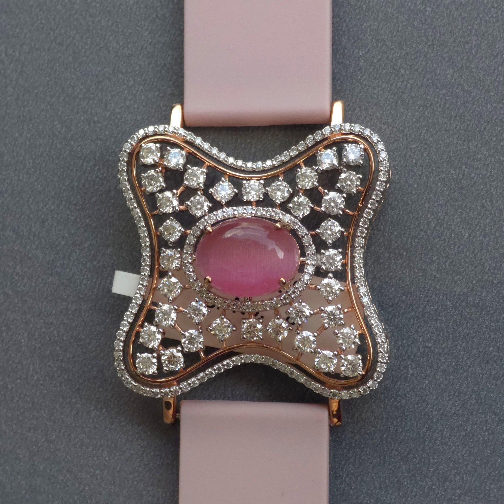 Curved Square Face Design In 925 Sterling Silver Bracelet, Pink Cabochon Jade And White Moissanites Watch Bracelet, Unique Woman Bracelet