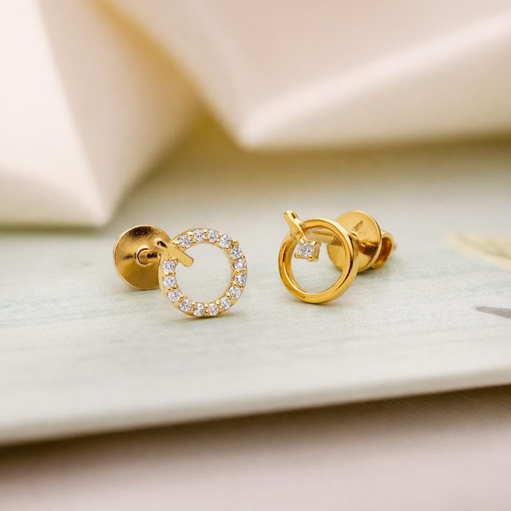 AMONROO® 925 Silver Jewellery for Women - Gold Finish 925 Sterling Silver Circle CZ Stud Earrings, Asymmetric Earrings, Daily Wear | 925 Stamp, Warranty & Authenticity Certificate