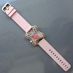 Curved Square Face Design In 925 Sterling Silver Bracelet, Pink Cabochon Jade And White Moissanites Watch Bracelet, Unique Woman Bracelet