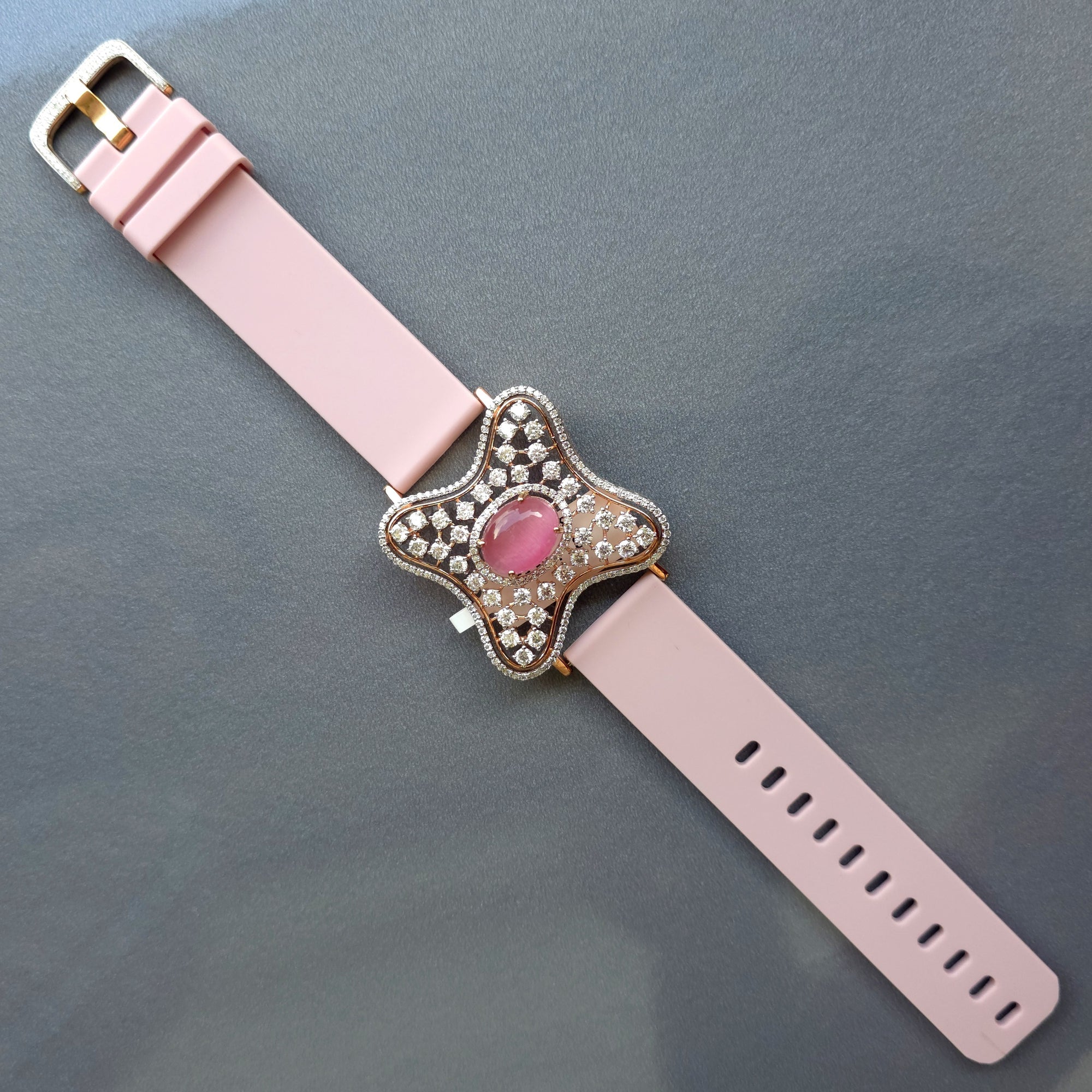Curved Square Face Design In 925 Sterling Silver Bracelet, Pink Cabochon Jade And White Moissanites Watch Bracelet, Unique Woman Bracelet