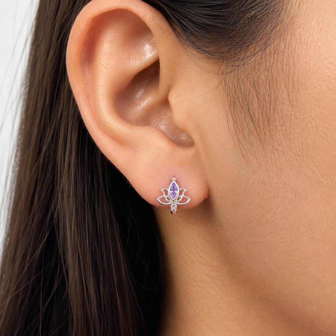 AMONROO® 925 Silver Jewellery for Women - 925 Sterling Silver Lotus Purple CZ Hoop Earrings, Huggie Earrings, 10.5 x 8.5 mm | 925 Stamp, Warranty & Authenticity Certificate