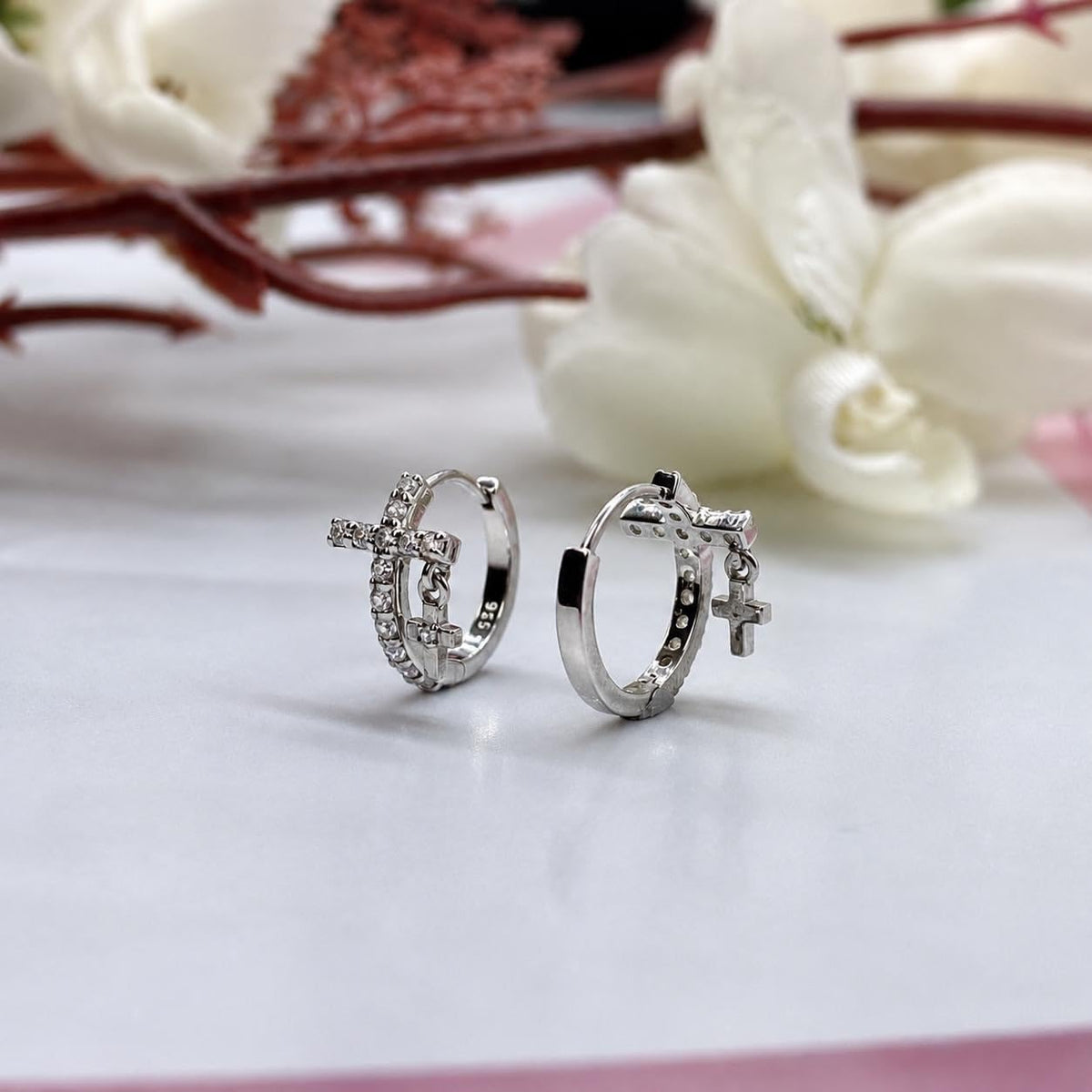 AMONROO® 925 Silver Jewellery for Women - 925 Sterling Silver Cross CZ Huggie Hoop Earrings, Dangle Cross Earrings, 11 x 8 mm | 925 Stamp, Warranty & Authenticity Certificate