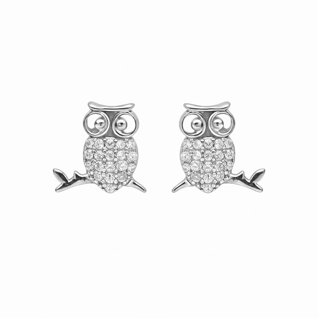 AMONROO® 925 Silver Jewellery for Women - 925 Sterling Silver Owl CZ Stud Earrings, Bird Animal Earrings, Dainty Nature Jewellery | 925 Stamp, Warranty & Authenticity Certificate