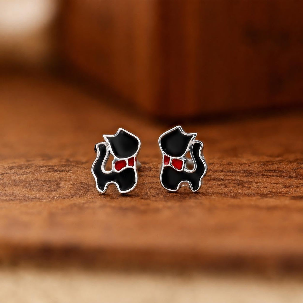 AMONROO® 925 Silver Jewellery for Women - 925 Sterling Silver Black Cat Enamel Stud Earrings, Cat Lover Jewellery, Gift for Women | 925 Stamp, Warranty & Authenticity Certificate
