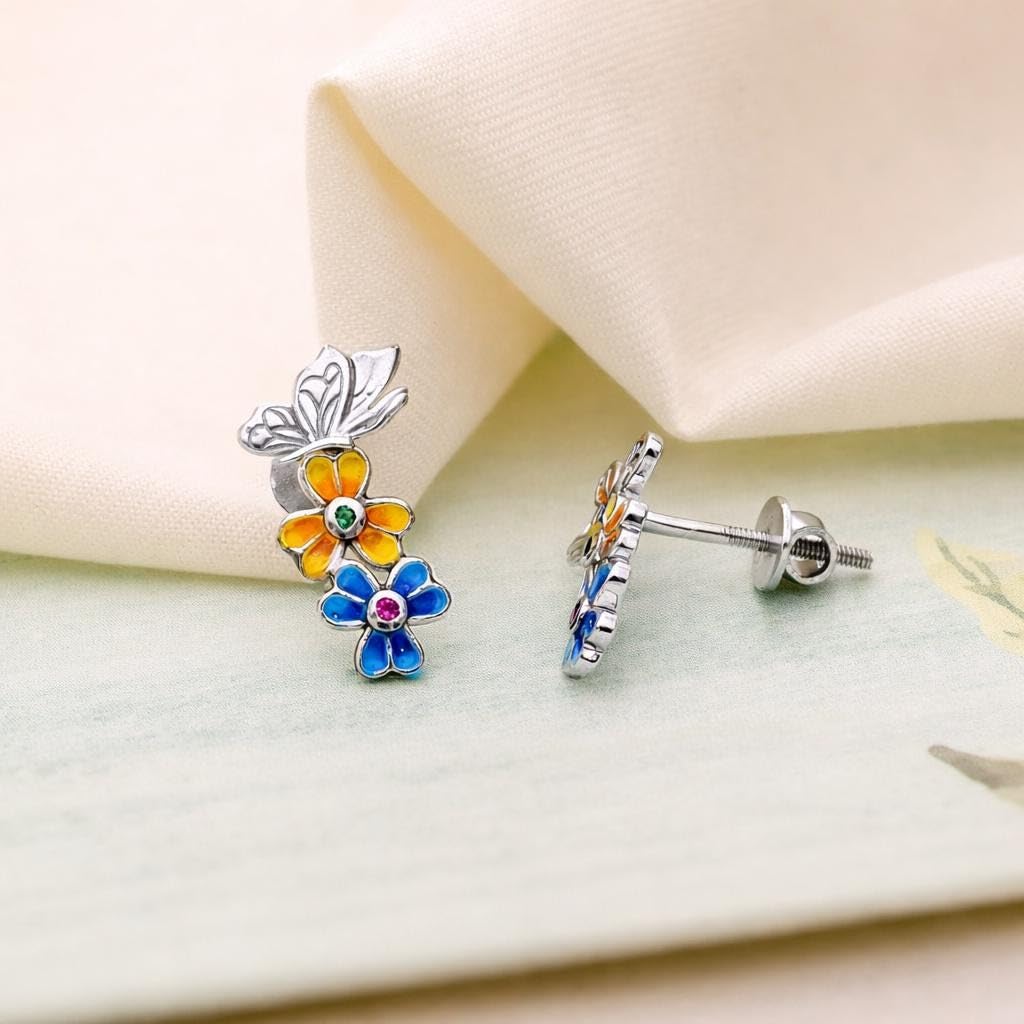 AMONROO® 925 Silver Jewellery for Women - 925 Sterling Silver Butterfly Flower Enamel Stud Earrings, Colourful Floral Jewellery | 925 Stamp, Warranty & Authenticity Certificate