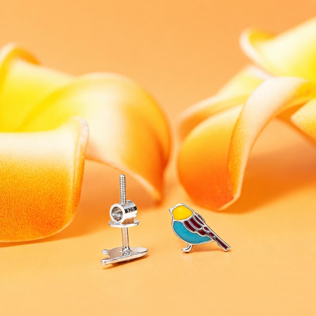 AMONROO® 925 Silver Jewellery for Women - 925 Sterling Silver Colourful Bird Enamel Stud Earrings, Sparrow Design Animal Jewellery | 925 Stamp, Warranty & Authenticity Certificate
