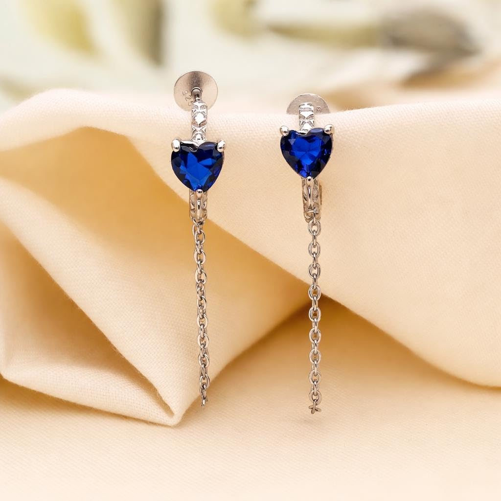 AMONROO® 925 Silver Jewellery for Women - 925 Sterling Silver Blue Heart Chain Hoop Earrings, CZ Heart Huggie Earrings, 27 x 5 mm | 925 Stamp, Warranty & Authenticity Certificate