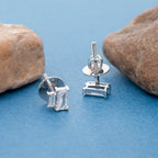 925 Sterling Silver Emerald Cut Stud Earrings, Minimalist Geometric Bridal Jewelry