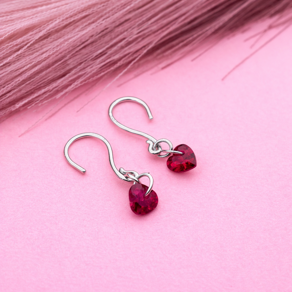 925 Sterling Silver Red Heart Gemstone Dangle Earrings Romantic Jewelry