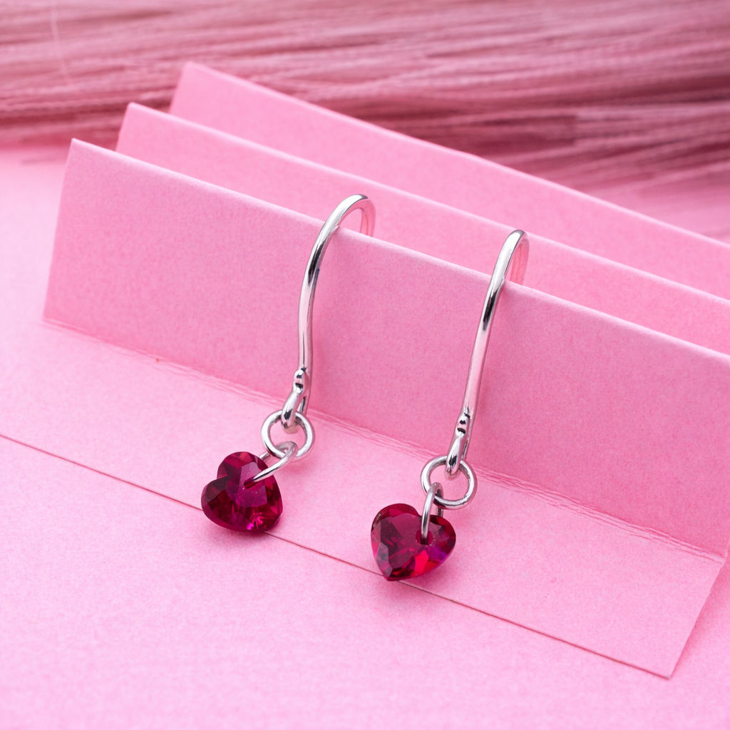 925 Sterling Silver Red Heart Gemstone Dangle Earrings Romantic Jewelry