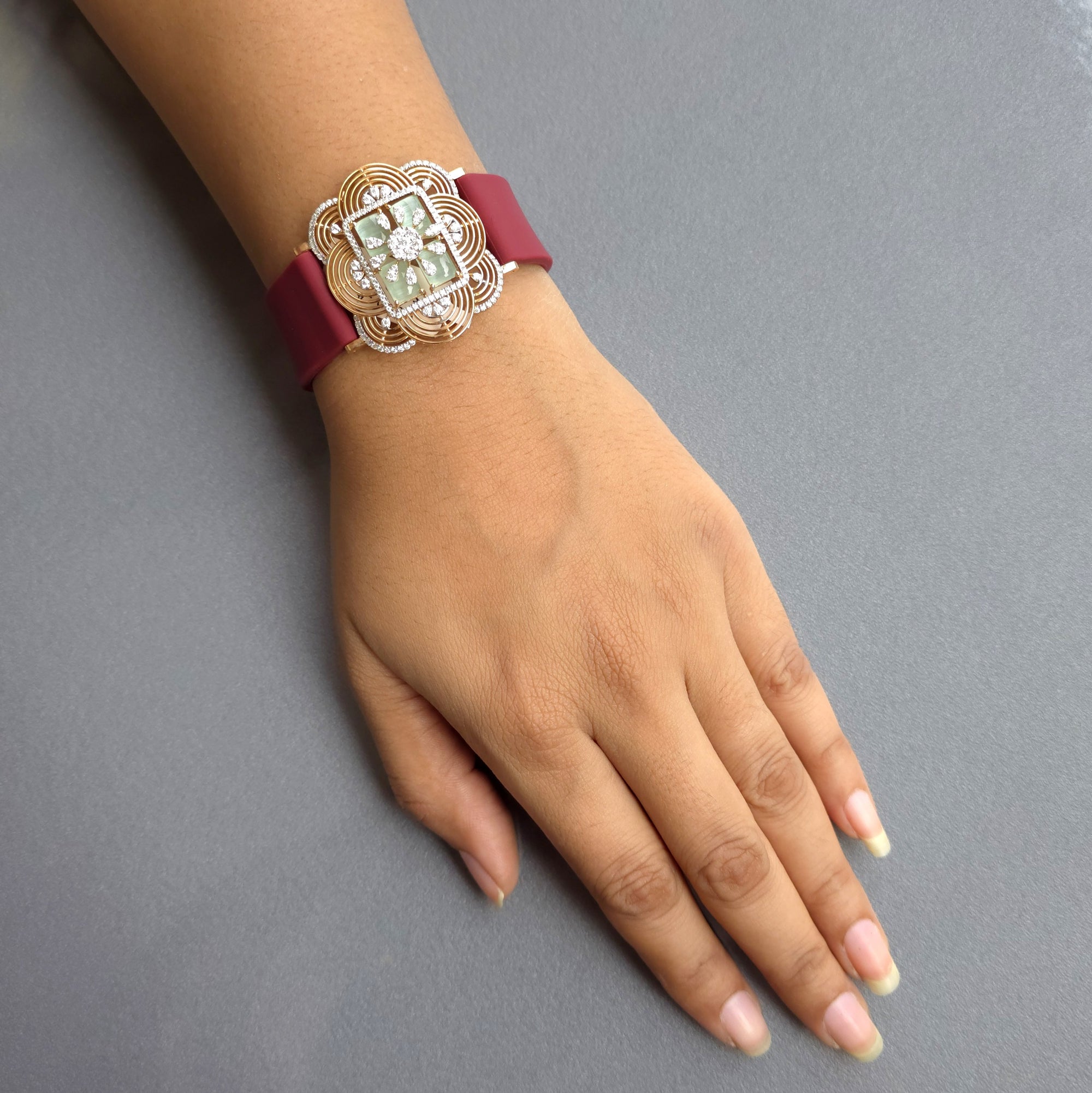 Handcrafted Floral Design In 925 Sterling Silver Bracelet, Real White Moissanites & Green Jade Watch Bracelet, Unique Women's Bracelet