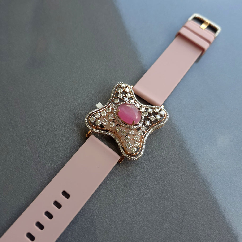 Curved Square Face Design In 925 Sterling Silver Bracelet, Pink Cabochon Jade And White Moissanites Watch Bracelet, Unique Woman Bracelet