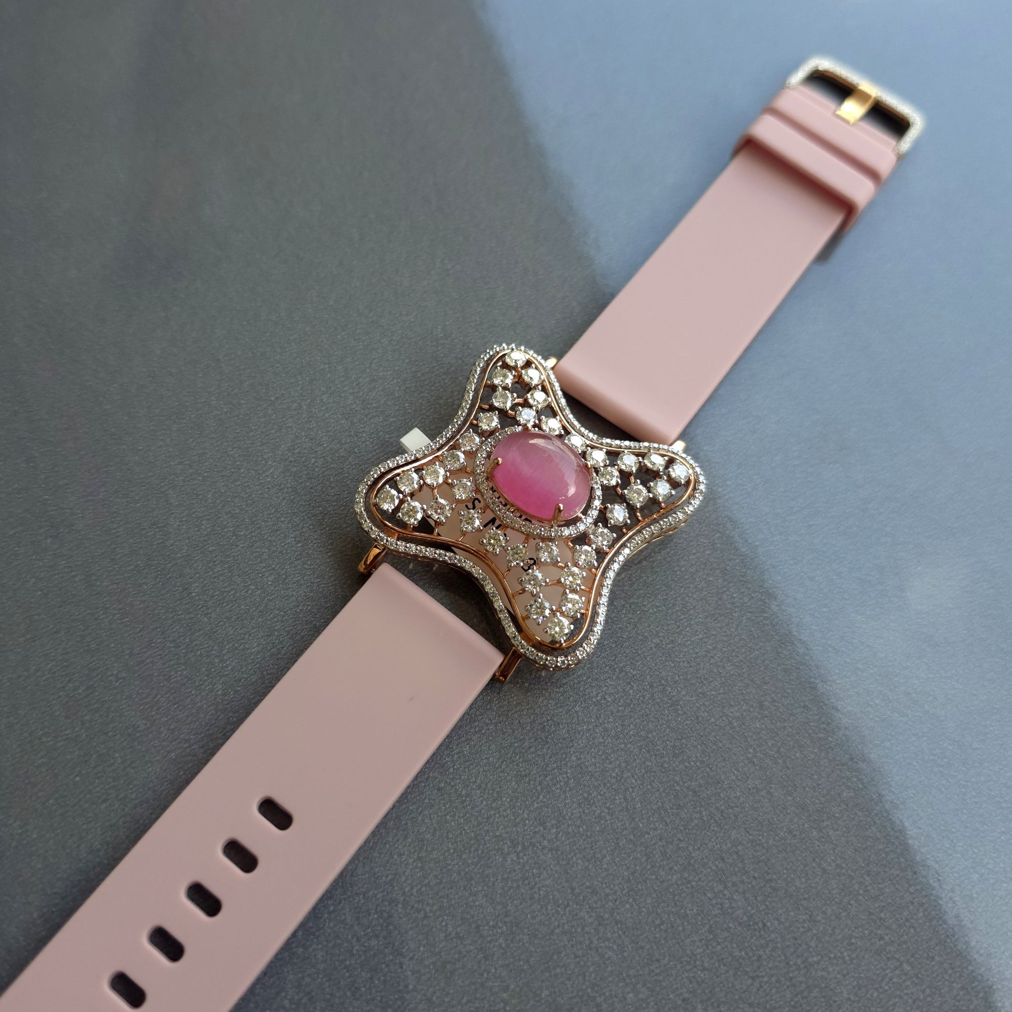 Curved Square Face Design In 925 Sterling Silver Bracelet, Pink Cabochon Jade And White Moissanites Watch Bracelet, Unique Woman Bracelet