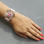 Curved Square Face Design In 925 Sterling Silver Bracelet, Pink Cabochon Jade And White Moissanites Watch Bracelet, Unique Woman Bracelet