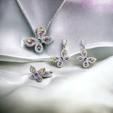 Beautifull Colorfull CZ Butterly Necklace,Earrings,Adjustable Ring Set for Wedding,Engagment in 925 Sterling Silver Minimalist Handmade Gift