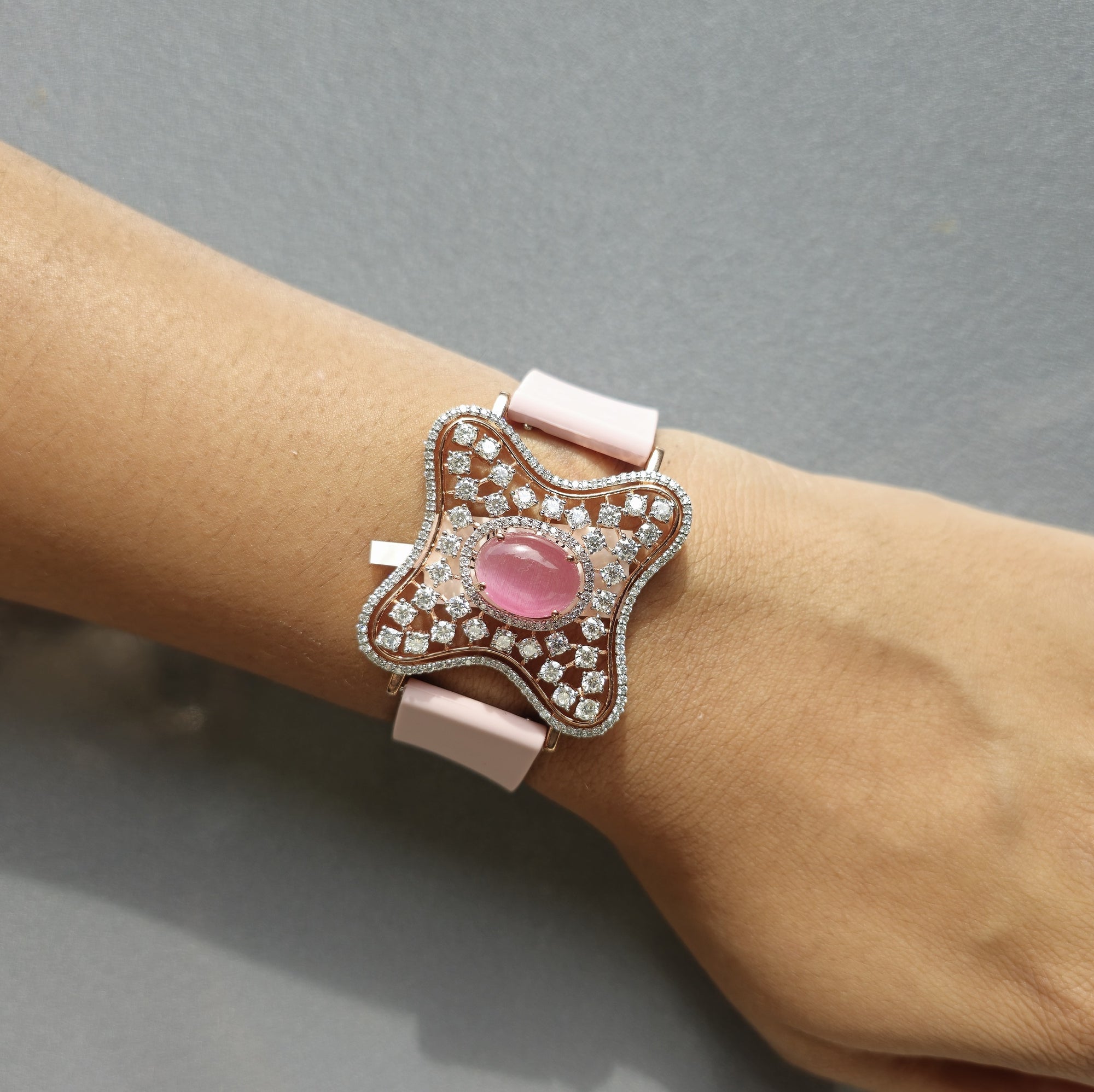 Curved Square Face Design In 925 Sterling Silver Bracelet, Pink Cabochon Jade And White Moissanites Watch Bracelet, Unique Woman Bracelet