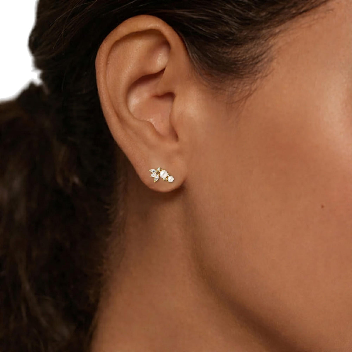 AMONROO® 925 Silver Jewellery for Women - Gold Finish 925 Sterling Silver Pearl Flower Stud Earrings, White CZ Leaf Bridal Earrings | 925 Stamp, Warranty & Authenticity Certificate