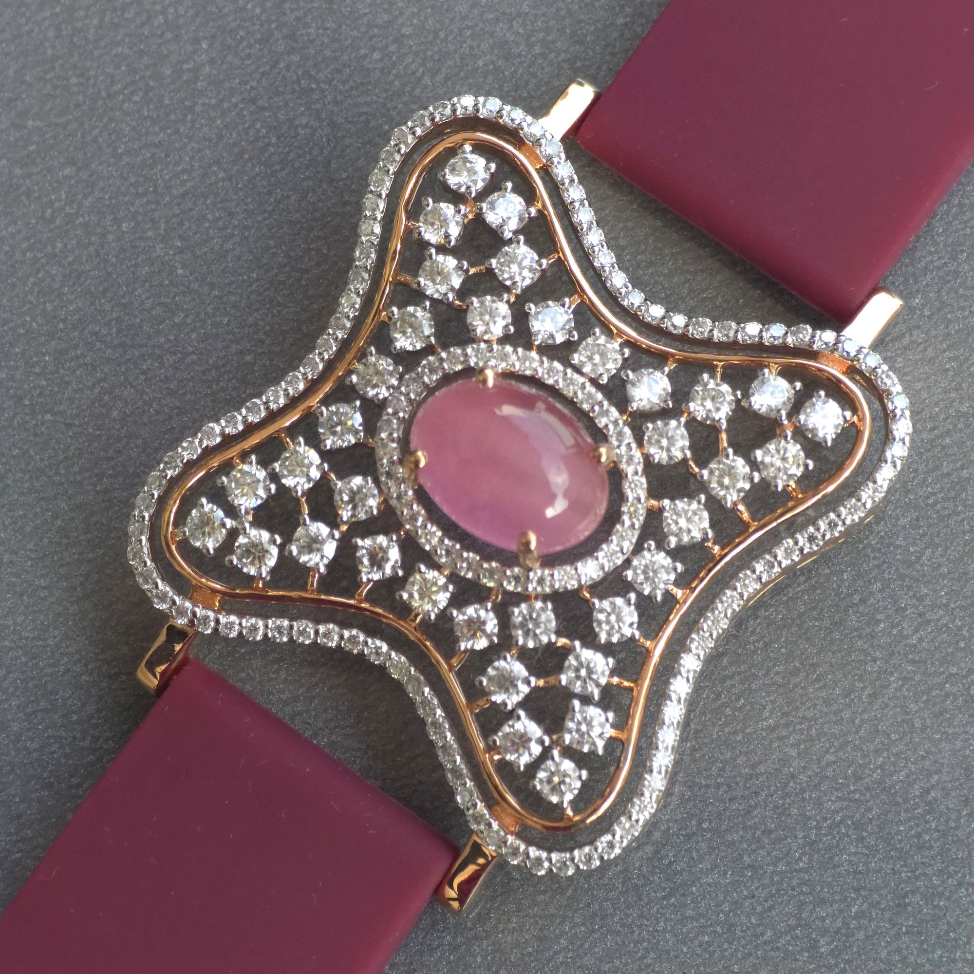 Curved Square Face Design In 925 Sterling Silver Bracelet, Pink Cabochon Jade And White Moissanites Watch Bracelet, Unique Woman Bracelet