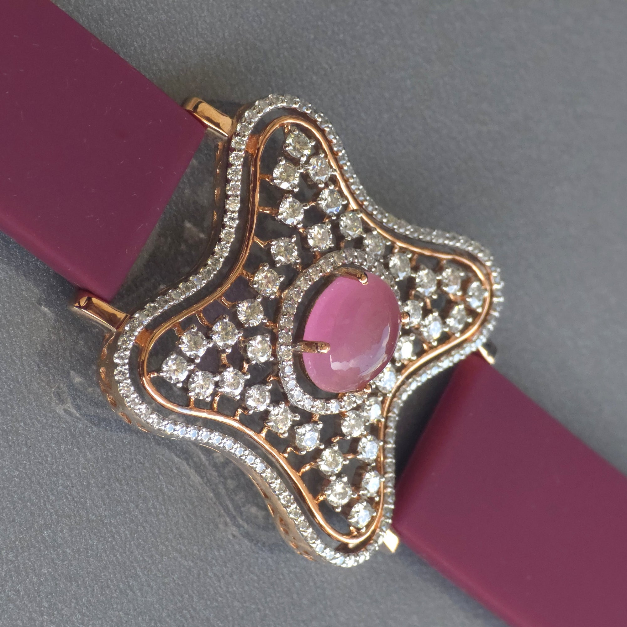 Curved Square Face Design In 925 Sterling Silver Bracelet, Pink Cabochon Jade And White Moissanites Watch Bracelet, Unique Woman Bracelet