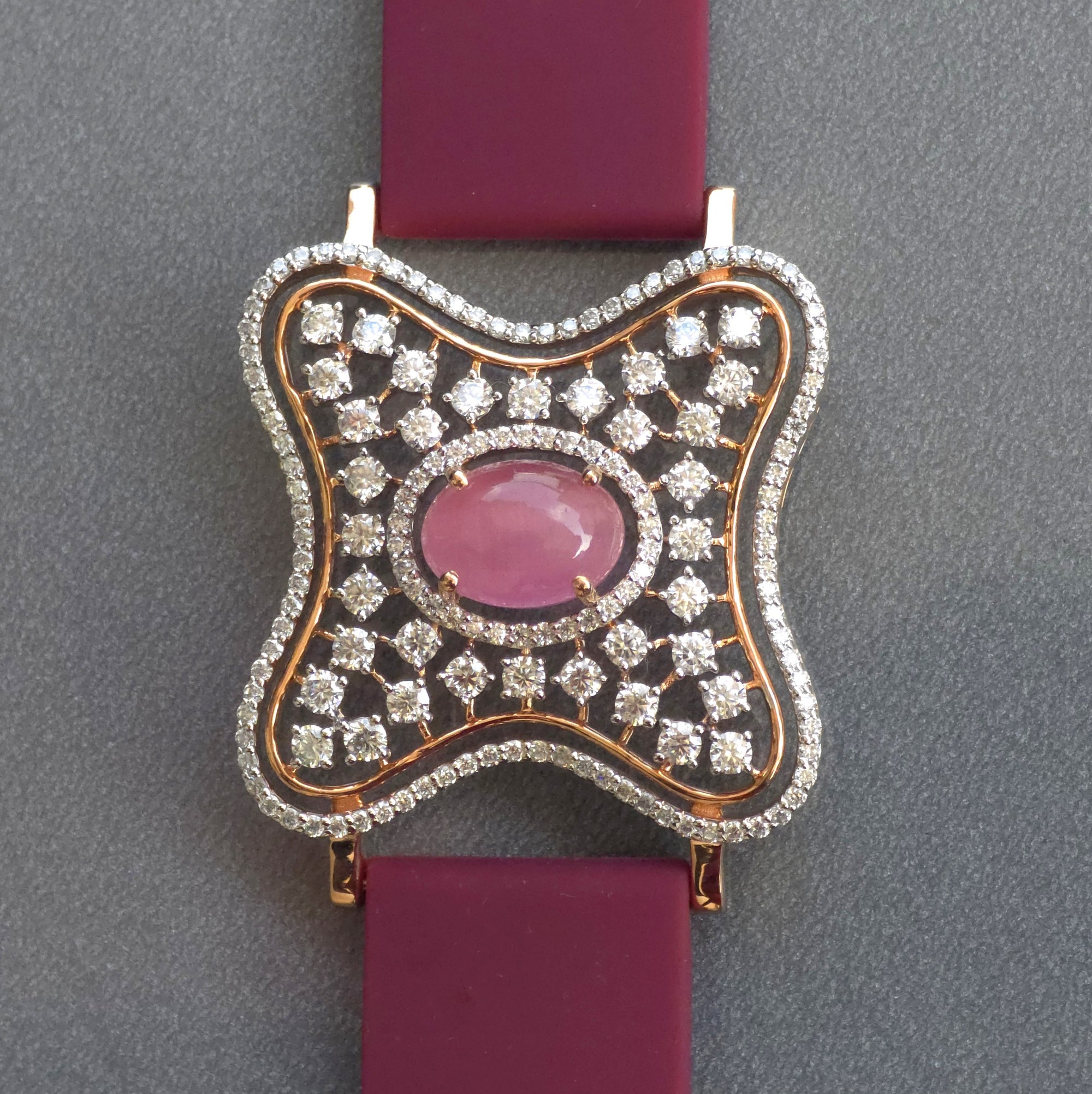 Curved Square Face Design In 925 Sterling Silver Bracelet, Pink Cabochon Jade And White Moissanites Watch Bracelet, Unique Woman Bracelet