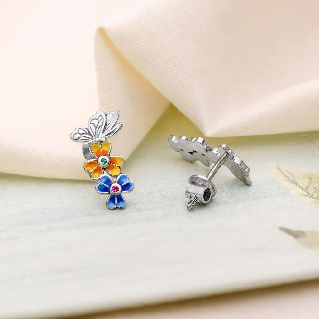 AMONROO® 925 Silver Jewellery for Women - 925 Sterling Silver Butterfly Flower Enamel Stud Earrings, Colourful Floral Jewellery | 925 Stamp, Warranty & Authenticity Certificate