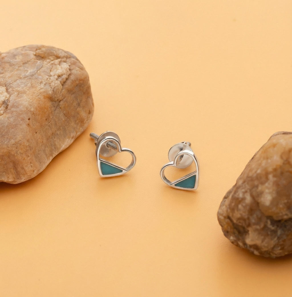 AMONROO® 925 Silver Jewellery for Women - 925 Sterling Silver Turquoise Heart Enamel Stud Earrings, Heart Jewellery, Daily Wear Gift | 925 Stamp, Warranty & Authenticity Certificate