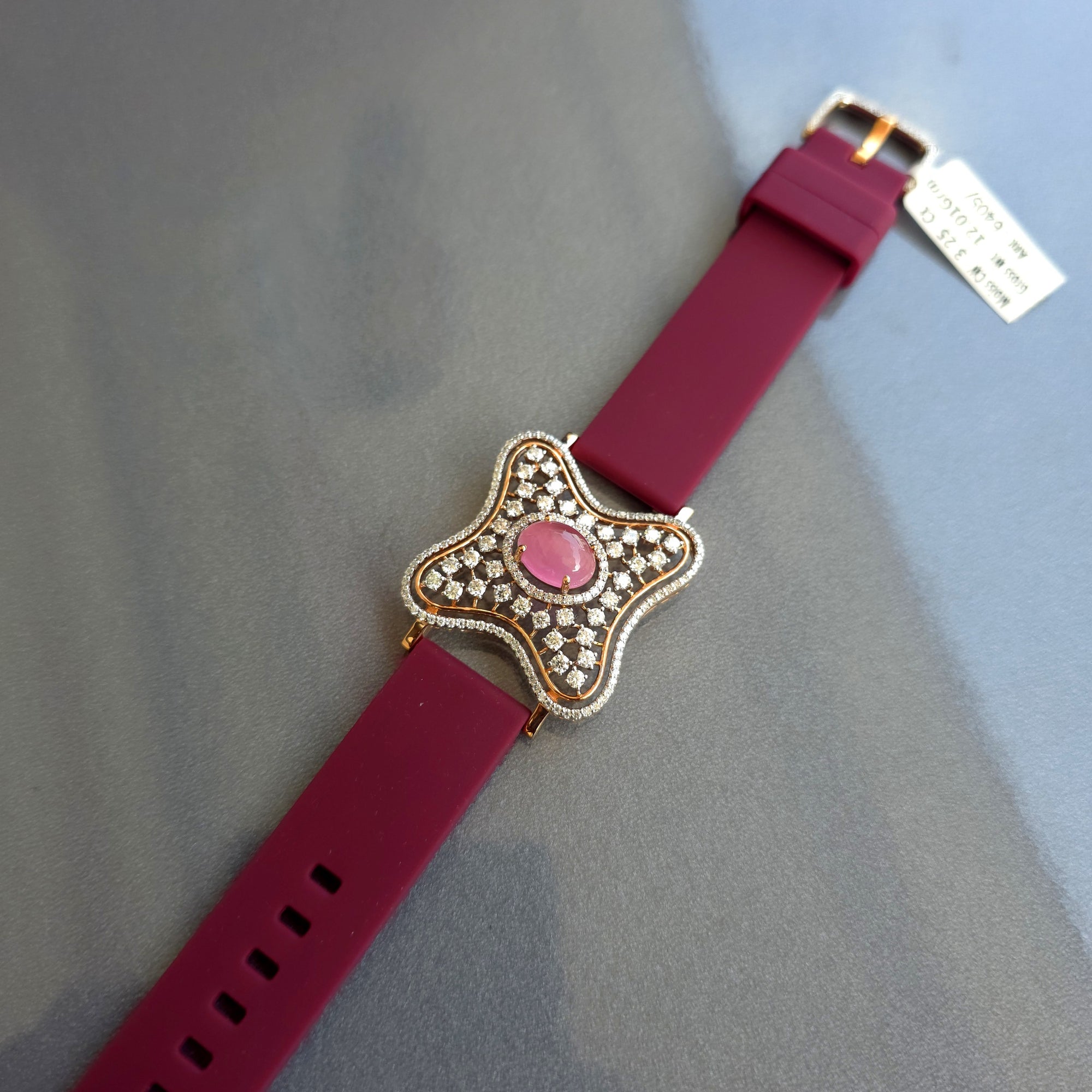 Curved Square Face Design In 925 Sterling Silver Bracelet, Pink Cabochon Jade And White Moissanites Watch Bracelet, Unique Woman Bracelet