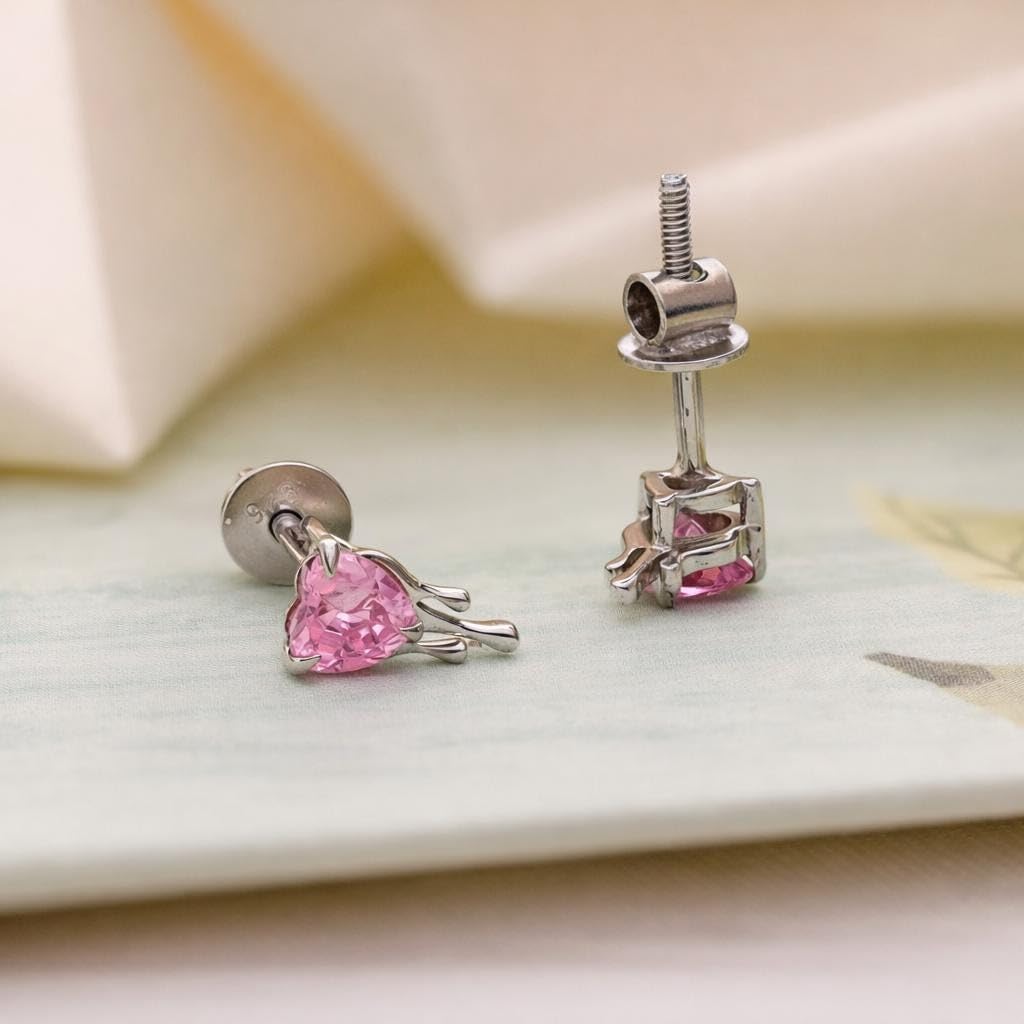 AMONROO® 925 Silver Jewellery for Women - 925 Sterling Silver Pink Heart CZ Stud Earrings, Heart Earrings, Romantic Gift Jewellery | 925 Stamp, Warranty & Authenticity Certificate